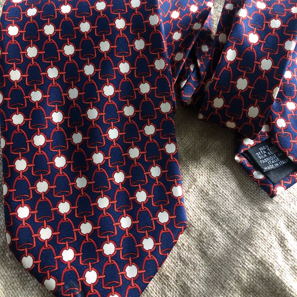 LONGCHAMP Paris 100% silk TIE navy Red Made In Italy Horse Equestrian